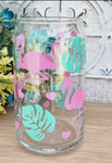Accessories/Gifts - Flamingo and Banana Leaf Glass Cup, lid & straw included