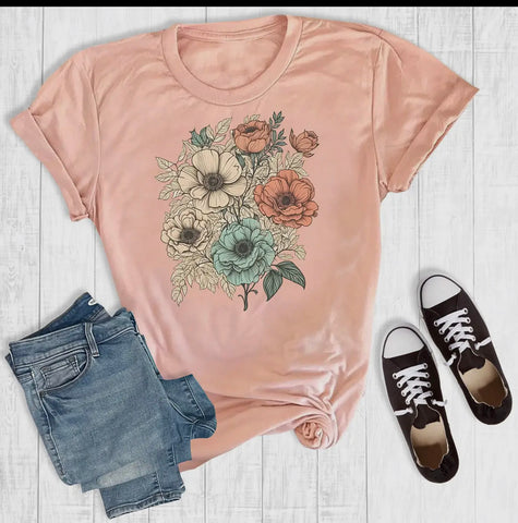 T-Shirt - Flowers Peach, Also Plus Size