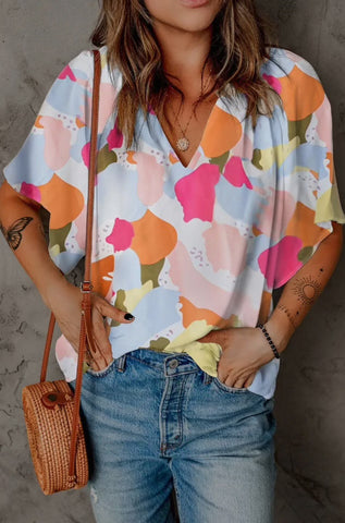Blouse - Colorful Abstract Print Blousy Draped Top