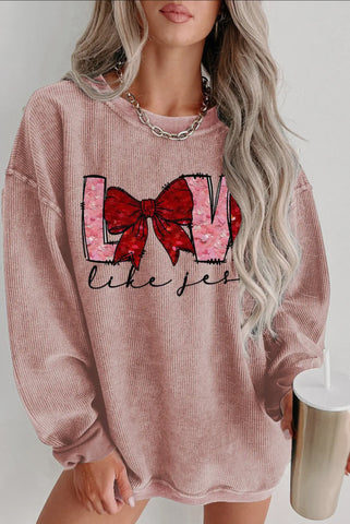 T-Shirts - Love Bowtie Valentine’s Day Crew Neck Knit Sweatshirt, Pink,