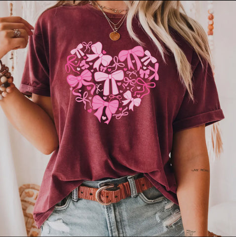 T-Shirts - Heart Of Coquette Bows Graphic Tee, Gildan Style,  Maroon, Also Plus Size