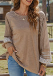 Blouse - Beige Floral Striped Patchwork Loose Long Sleeve Top