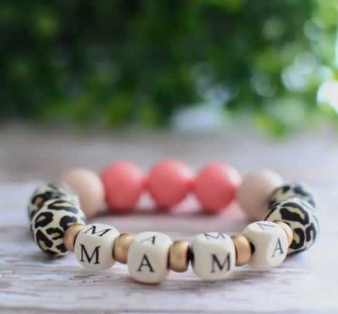 Jewelry - Leopard Animal Print Mama Chunky Word Bead Pink Bracelets