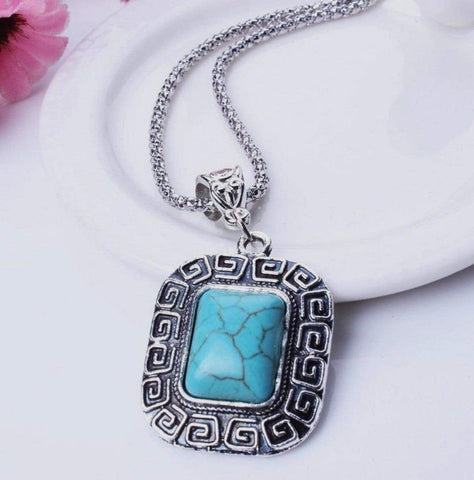 Jewelry- Square Shaped, Turquoise Pendant Necklace, Silver Plated Brass
