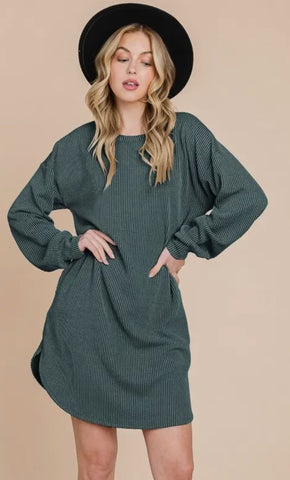 Dress - Puff Sleeve Solid MIDI With Texture, Hunter Green