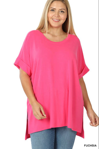 Blouse - High/low hem with rolled sleeves, Fuchsia, Plus Size