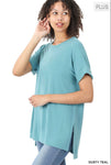 Blouse - High/low hem with rolled sleeves, Dusty Teal, Plus Size