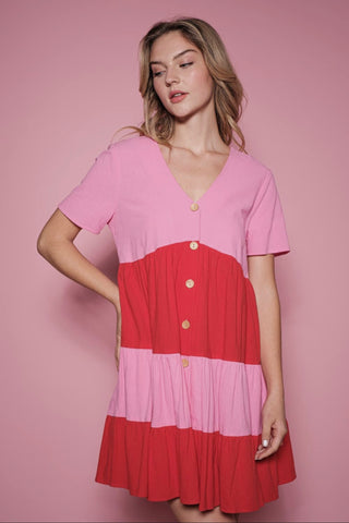 Dress - Tiered Color Block, Pink Multi