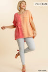 Blouse - Umgee Bleached Block Style with Ruffled Details, Coral, Plus Size