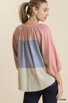 Blouse - Umgee Block Style, 3/4 Sleeve, Navy/Blue Pastels, Plus Size