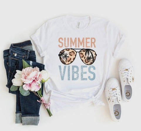 T-shirt - Bella Canvas, Summer Vibes with leopard Sunglasses Graphic, White, Also Plus Size
