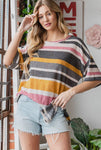 Blouse - Stripped, Round Neck, Multicolored, Also Plus Size