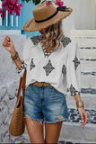 Blouse - Printed T Shirt V Neck Loose Puff Sleeves Shirts, White