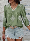Blouse - Fashion Printed U-Neck Women’s Short Sleeved Top, Green