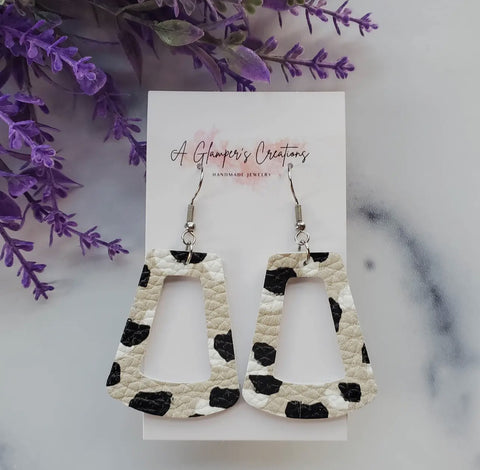 Jewelry - Leather Geometric Leopard Earrings, Cream/black