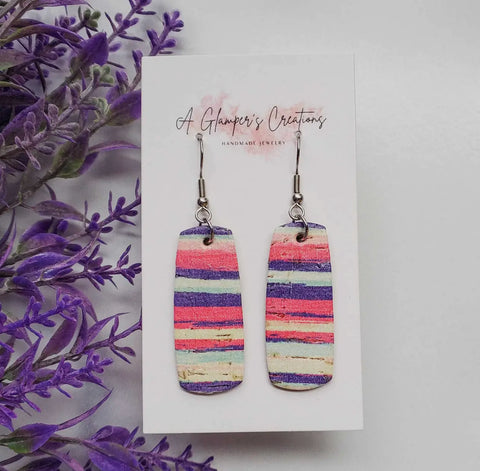 Jewelry - Leather Striped Bar Shaped Earrings, Pink/Purple