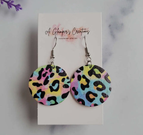 Jewelry - Leather Leopard Circle Earrings, Pastel