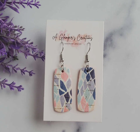 Jewelry - Leather Bar Shaped Earrings, Coral/Navy/Purple