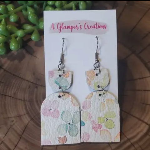 Jewelry - Leather Watercolor Pastel Floral Design Earrings