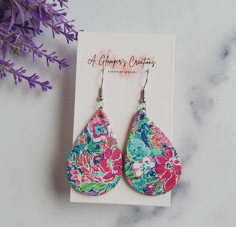 Jewelry - Leather Tropical Floral Earrings, Purple/pink/teal