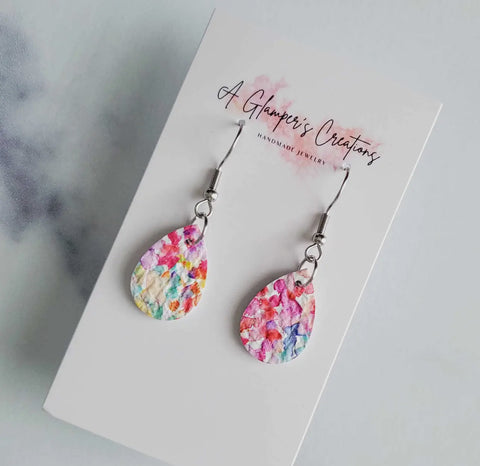 Jewelry - Leather Floral Teardrop Shaped Earrings, Pink
