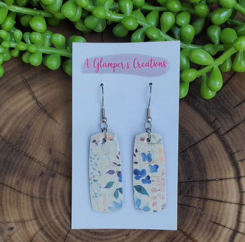 Jewelry - Leather Floral Bar Shaped Earrings, Pastel Watercolor