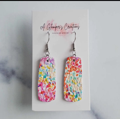 Jewelry - Leather Floral Bar Shaped Earrings, Pastel Watwrcollor