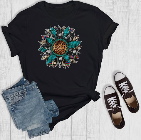 T-shirt - Patterned Sunflower Graphic, Black, Also Plus Size