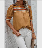 Blouse - Geometric Print Elegantly Textured Short Puff Sleeve, Mustard
