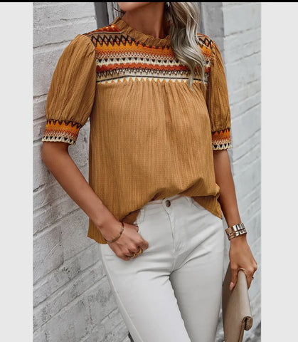 Blouse - Geometric Print Elegantly Textured Short Puff Sleeve, Mustard