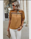 Blouse - Geometric Print Elegantly Textured Short Puff Sleeve, Mustard