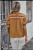 Blouse - Geometric Print Elegantly Textured Short Puff Sleeve, Mustard