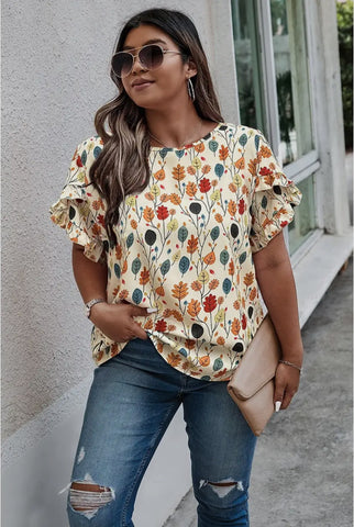 Blouse - Round Neck Fall Floral, Flounce Sleeve, Also Plus Size