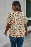 Blouse - Round Neck Fall Floral, Flounce Sleeve, Also Plus Size