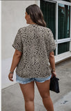 Blouse - Floral Notched V Neck Short Casual Blouse, Khaki, Also Plus Size