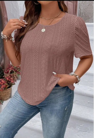 Blouse - Solid Puff Sleeves Shirt, Mauve, Plus Size