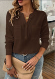 Blouse - Solid Button V Neck Elegant Front Pockets Blouse, Brown