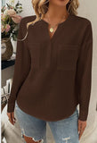 Blouse - Solid Button V Neck Elegant Front Pockets Blouse, Brown