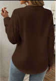 Blouse - Solid Button V Neck Elegant Front Pockets Blouse, Brown