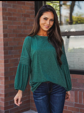 Blouse - 3/4 Pleated Sleeve Casey Top, Green