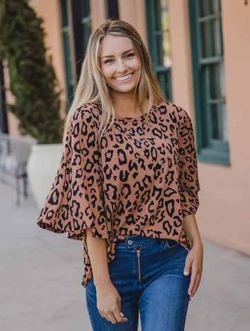 Blouse - Leopard Print Bell Sleeve Austin Top, Brown