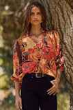 Blouse - Floral Printed 3/4 Sleeve Blouse, Pink & Brown, Also Plus Size