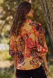 Blouse - Floral Printed 3/4 Sleeve Blouse, Pink & Brown, Also Plus Size