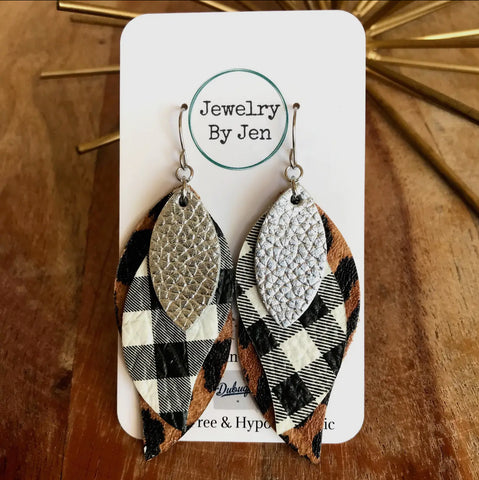 Jewelry - Twist Earrings: Silver, Black & White Plaid, Cheetah