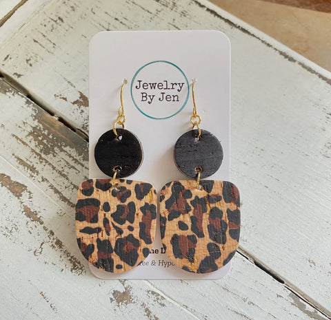 Jewelry - Boho Dangle Earrings: Black & Cheetah Cork