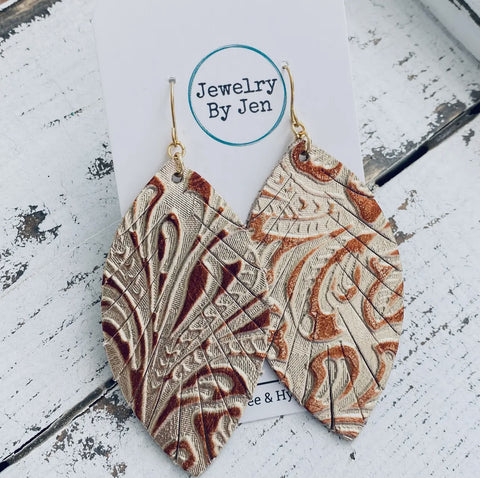 Jewelry - Fringe Leaf Earrings: Light Gold & Copper Metallic Tooled