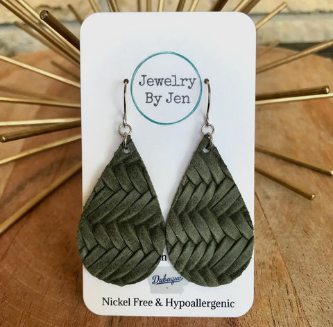 Jewelry - Medium Teardrop Earrings: Olive Braided