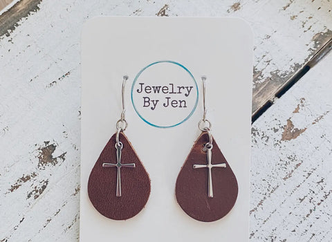 Jewelry - Small Teardrop Earrings: Brown W/ Cross Charm