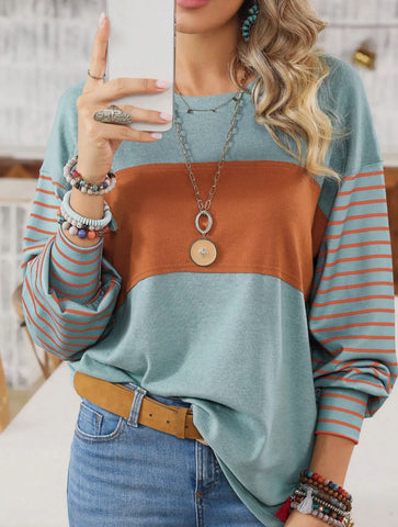 Blouse - Round Neck Casual Striped Contrast Long Sleeved T-Shirt, Green, Also Plus Size