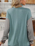 Blouse - Round Neck Casual Striped Contrast Long Sleeved T-Shirt, Green, Also Plus Size